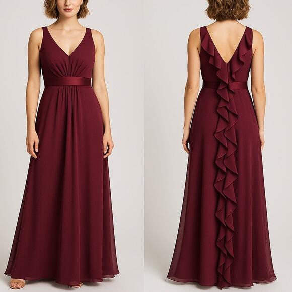 David’s Bridal Crinkle Chiffon Ruffle Gown – Wine Women’s Size: 6 - Picture 1 of 12